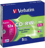  CD-RW Verbatim 700Mb 8-12x Slim Case Color (1 ) (5) (43167)
