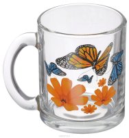 Кружка чайная OSZ "Бабочки и оранжевые цветы", цвет: прозрачный, 320 мл