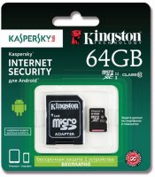 Карта памяти MicroSD 64Gb Kingston (SDCX10/64GB-K) Class 10 microSDXC + адаптер(Kaspersky Edition)