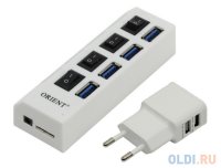 Концентратор USB 3.0 ORIENT BC-307PS, USB 3.0 HUB 4 Ports, c БП-зарядником 2xUSB (5 В, 2.1 А), выклю