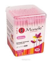Maneki Палочки ватные гигиенические Lovely, с розовым бумажным стиком, в пластиковой коробочке, 150