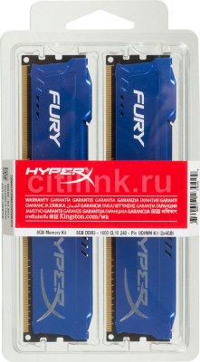 Модуль памяти Kingston DIMM 8Gb 2x4Gb KIT DDR3 PC12800 1600MHz HyperX Fury Blue Series (HX316C10FK2/