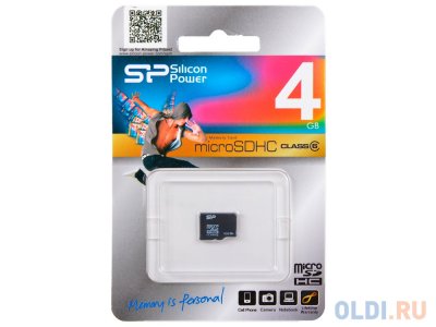   Silicon Power (SP004GBSTH010V30) MicroSDHC Memory Card 4Gb Class10 + microSD--)SD + mic