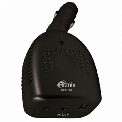 Инвертор авто RITMIX RPI-1751 автомобильный инвертор, до 175 Вт, USB - 5 В, евророзетка, подключен