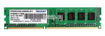   Patriot Memory DDR3 DIMM 1600Mhz PC3-12800 CL11 - 4Gb PSD34G1600L81